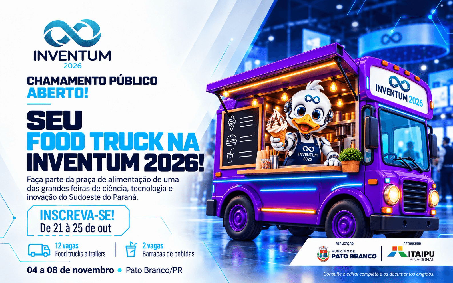 Chamamento para a praça de alimentação da INVENTUM 2026: inscrições de 21 a 25 de outubro, com 12 vagas para food trucks e trailers e 2 para barracas de bebidas.